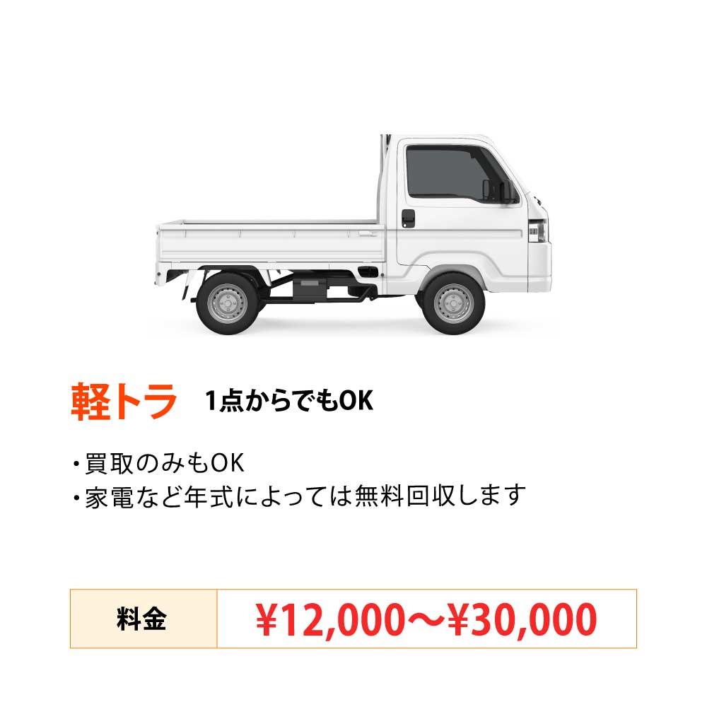 軽トラ1点からでもOK 無料〜30,000円 1点からでもOK ・買い取りのみもOK ・家電など年式によっては無料回収します。